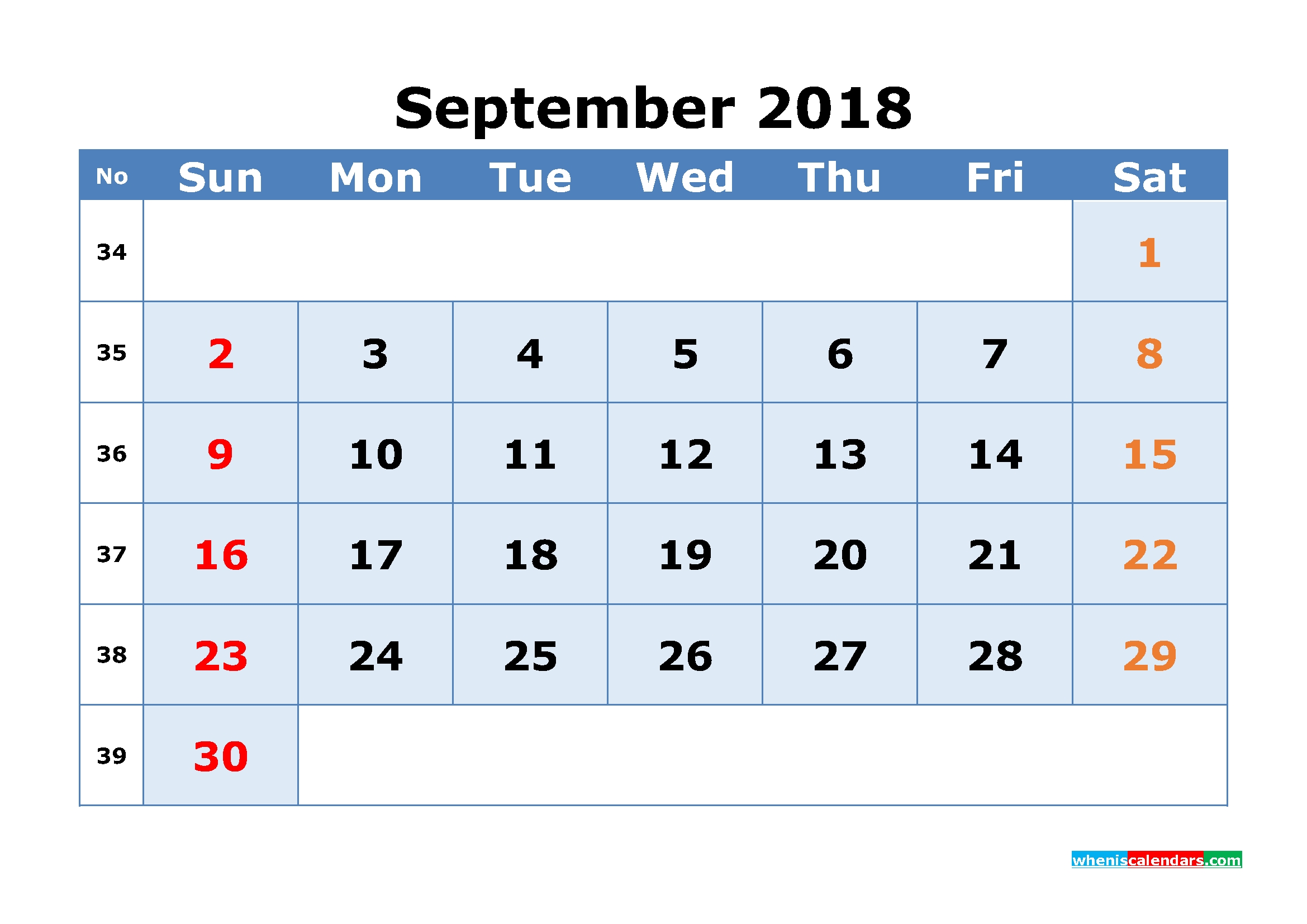 September 2018 Calendar With Week Numbers Printable 1