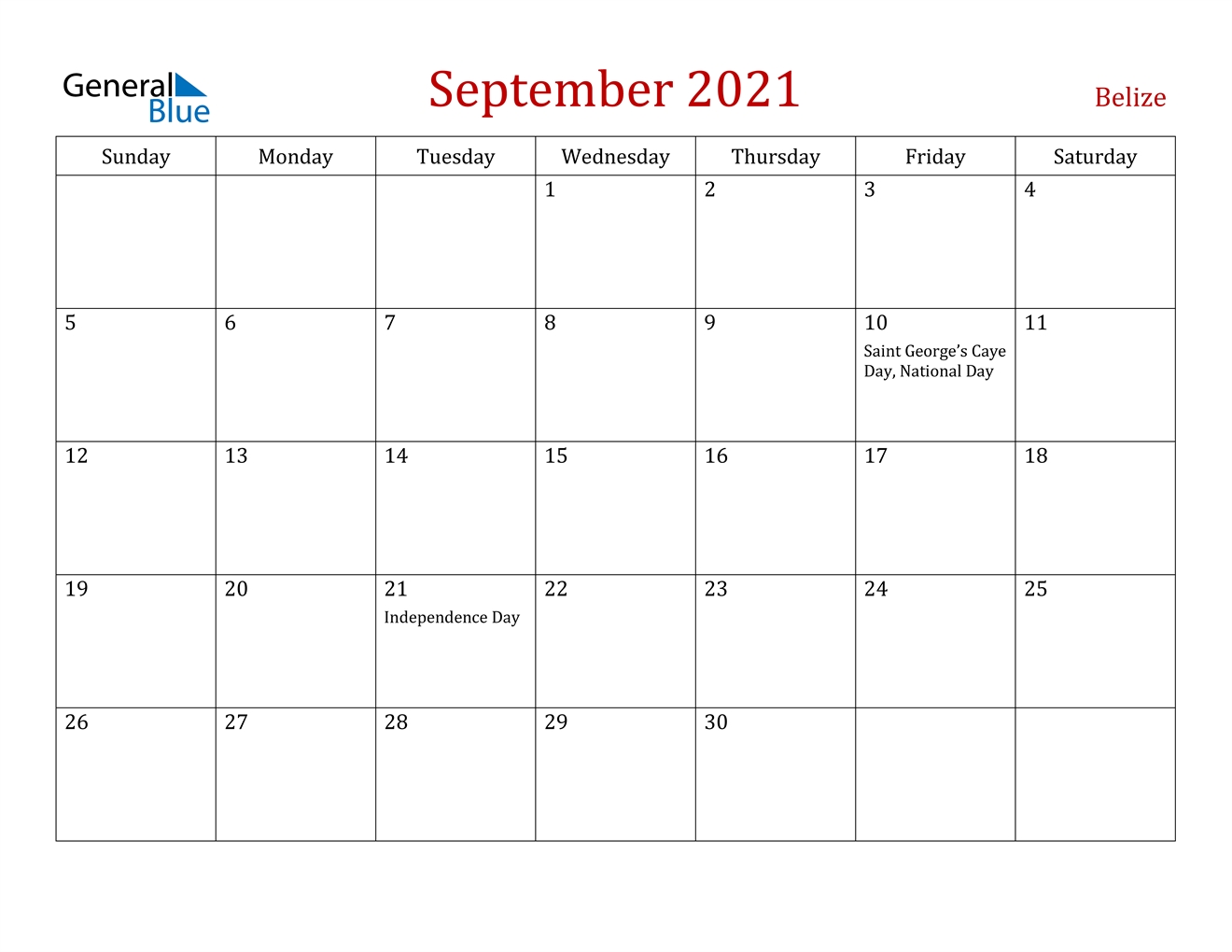 September 2021 Calendar - Belize