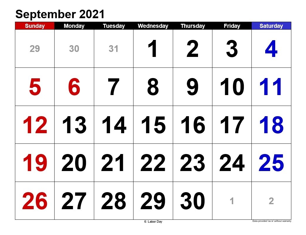 September 2021 Calendars Landscape Format