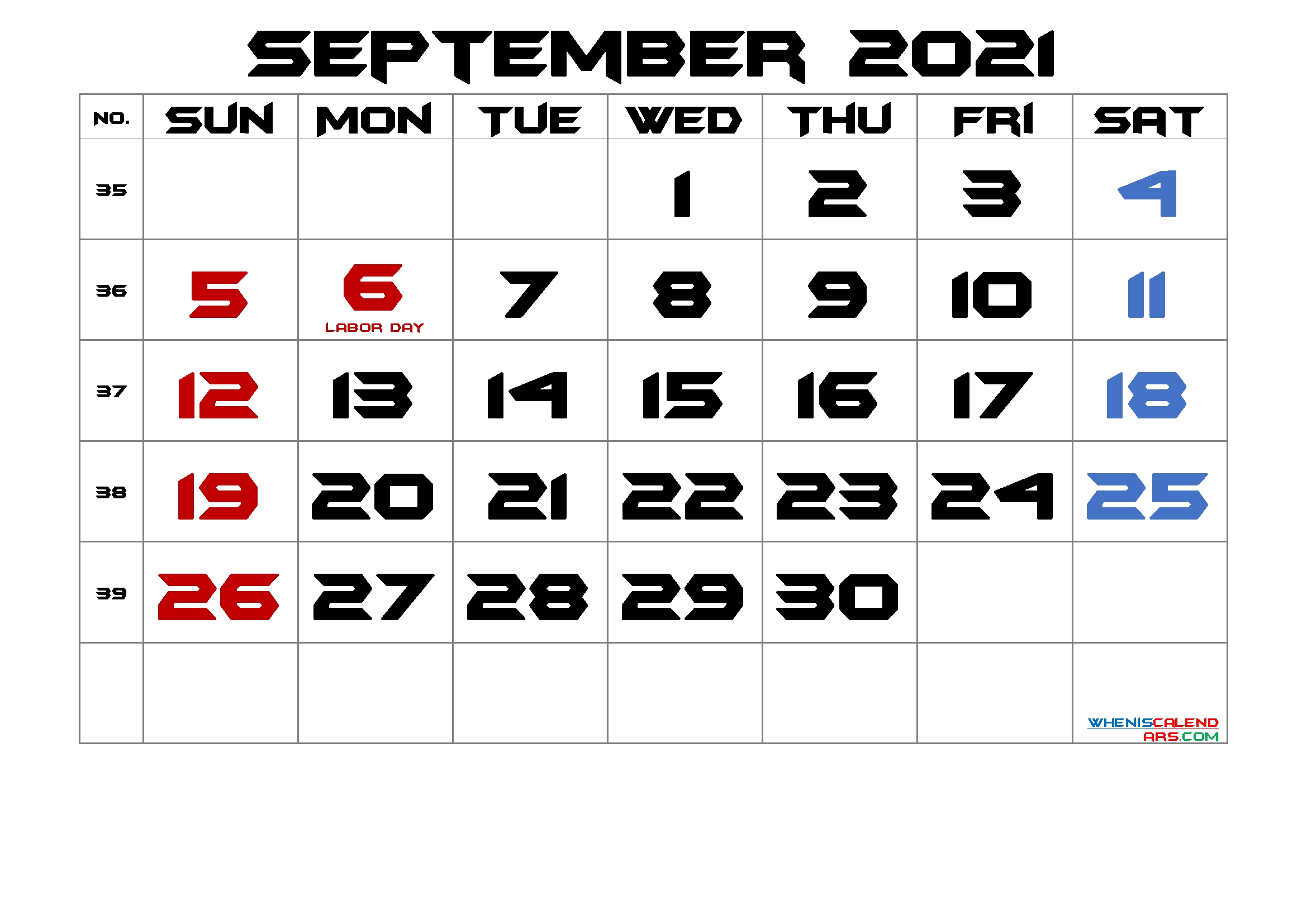 September 2021 Printable Calendar With Holidays - 6