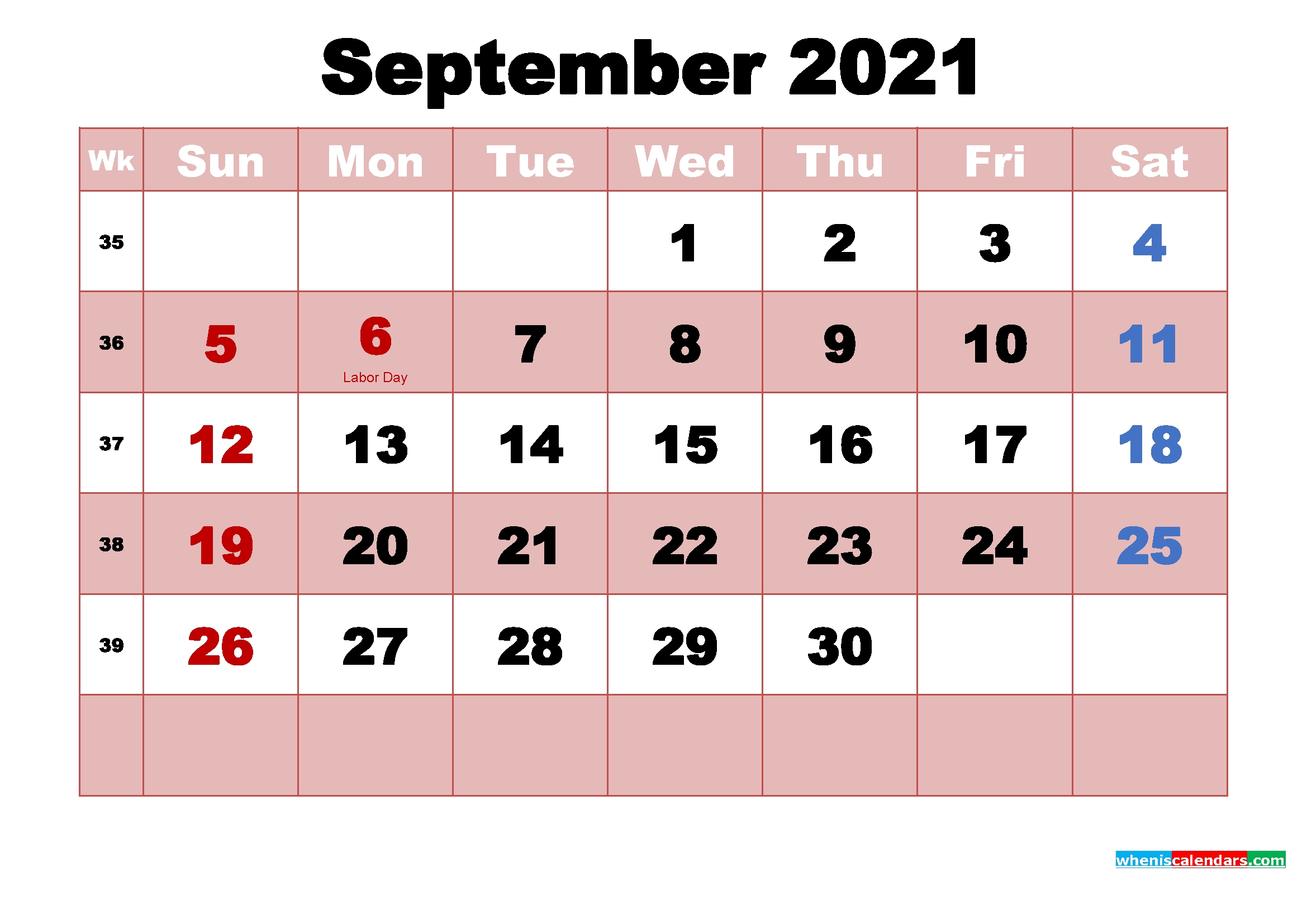 September 2021 Printable Monthly Calendar With Holidays