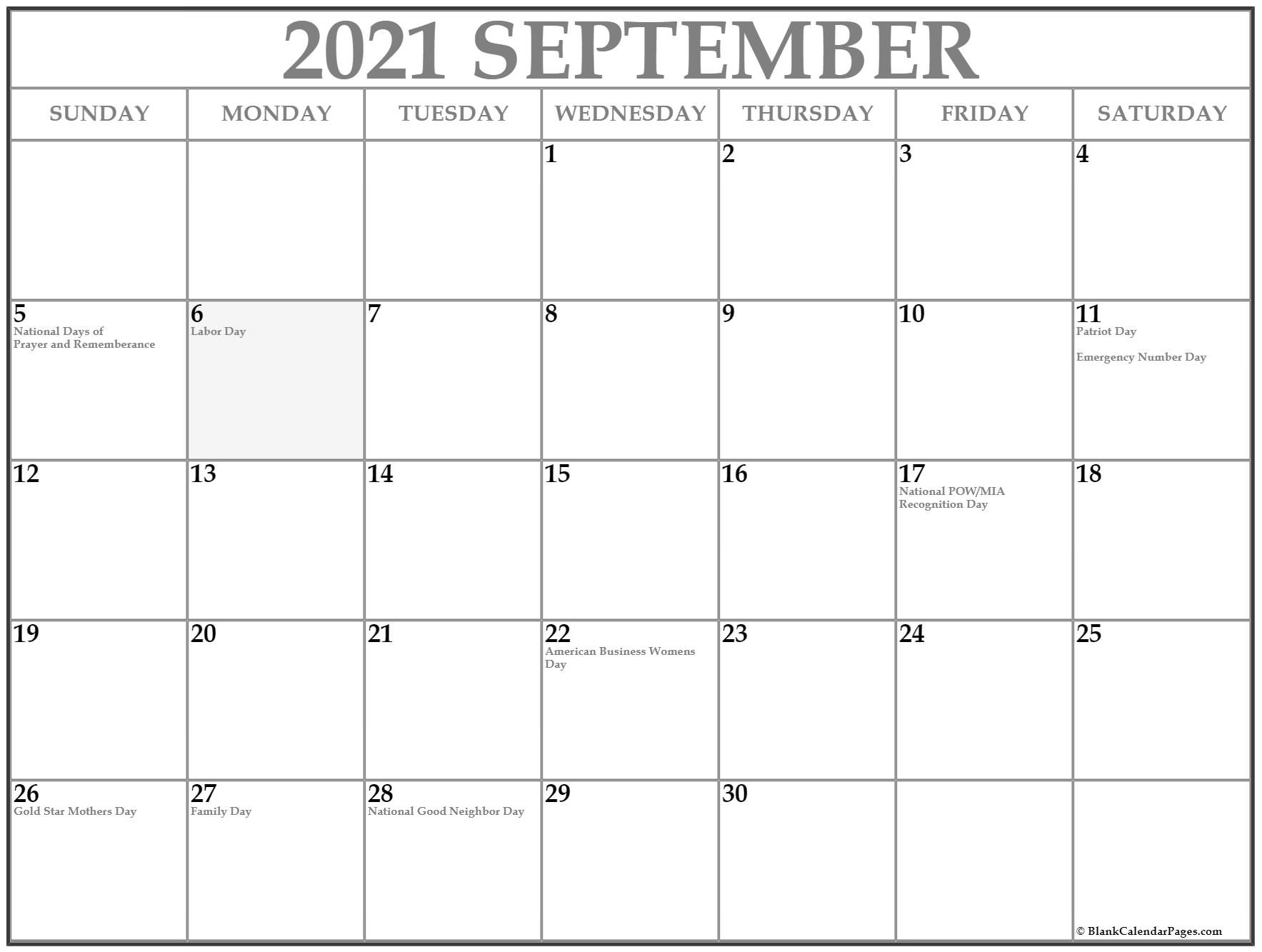 September 2021 With Holidays Calendar