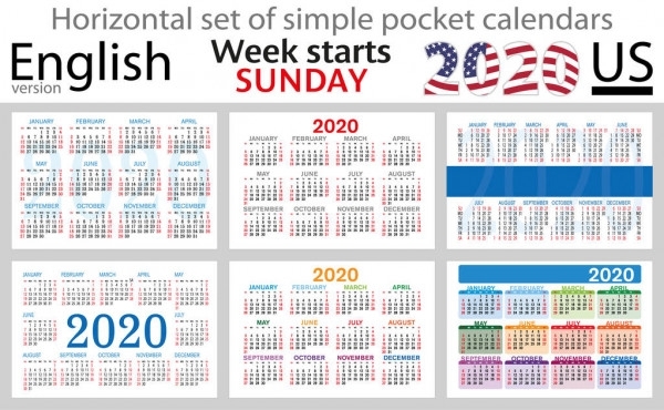 Set Grid Wall Calendar English For 2018, 2019, 2020, 2021