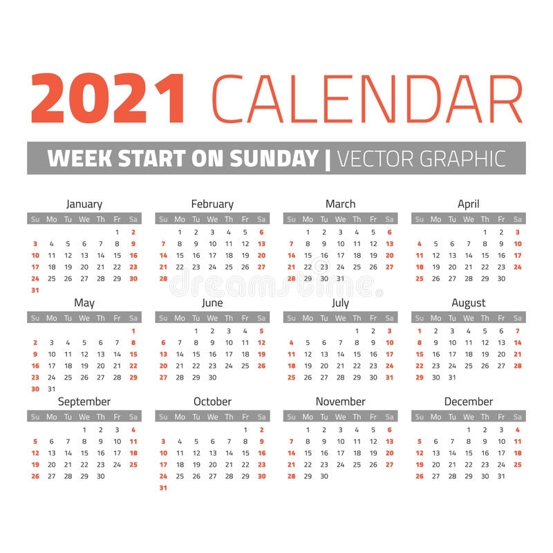 Simple 2021 Year Calendar Stock Vector. Illustration Of