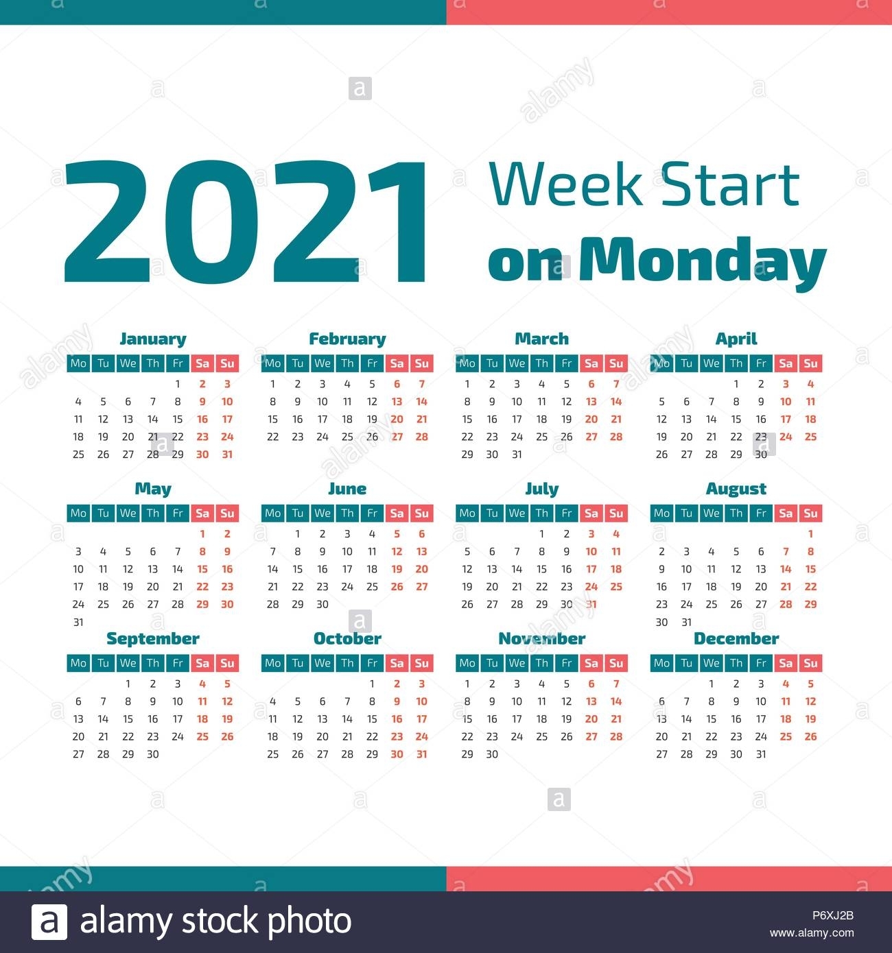 Simple 2021 Year Calendar, Week Starts On Monday Stock