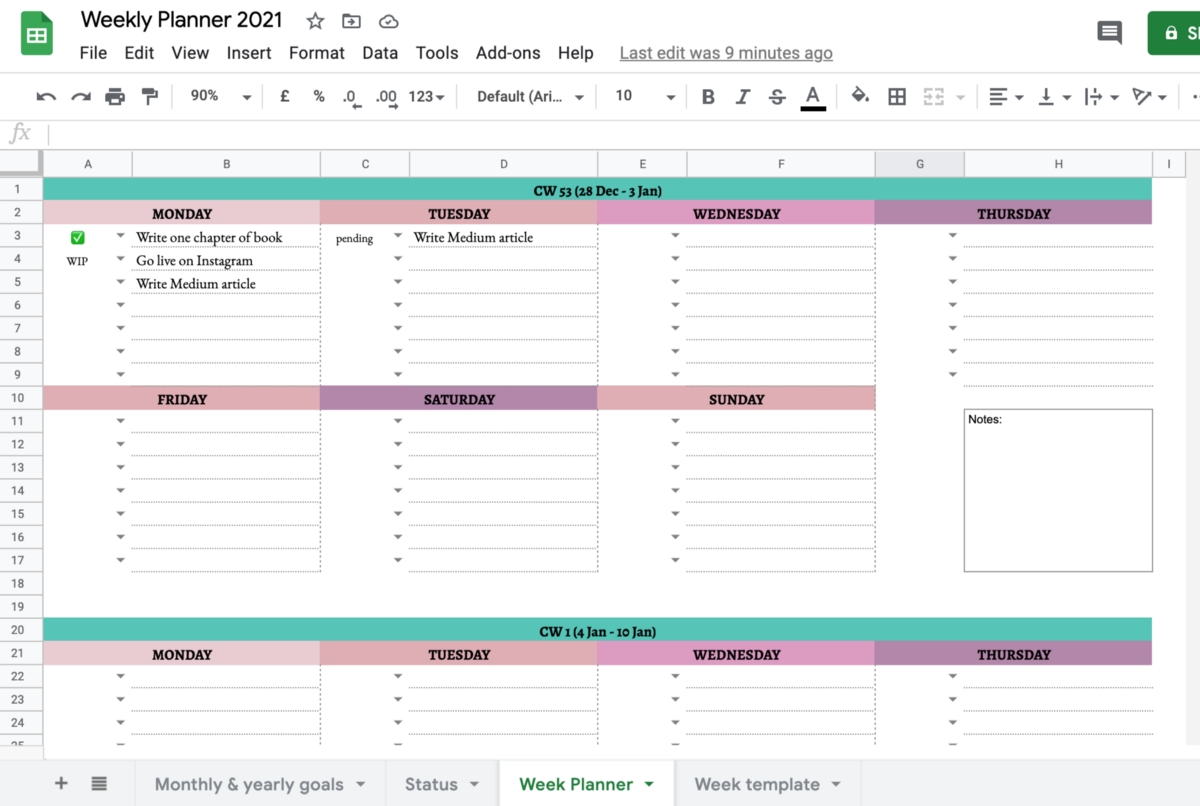 Simple Weekly Google Sheets Planner 2021 (Free Template