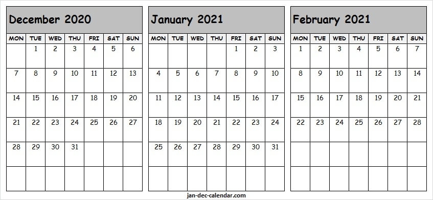Three Month Calendar December 2020 To February 2021