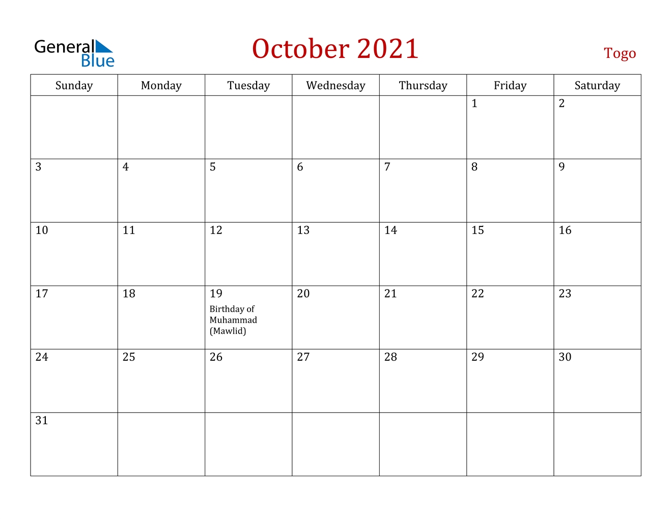 Togo October 2021 Calendar With Holidays