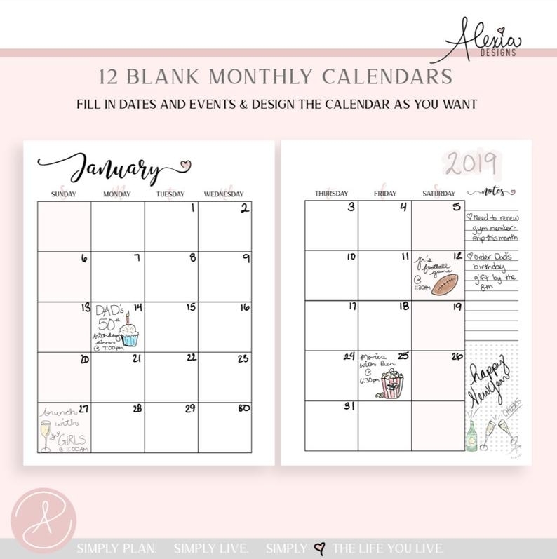 Two Page Undated Monthly Calendar Printable Pdf | Etsy