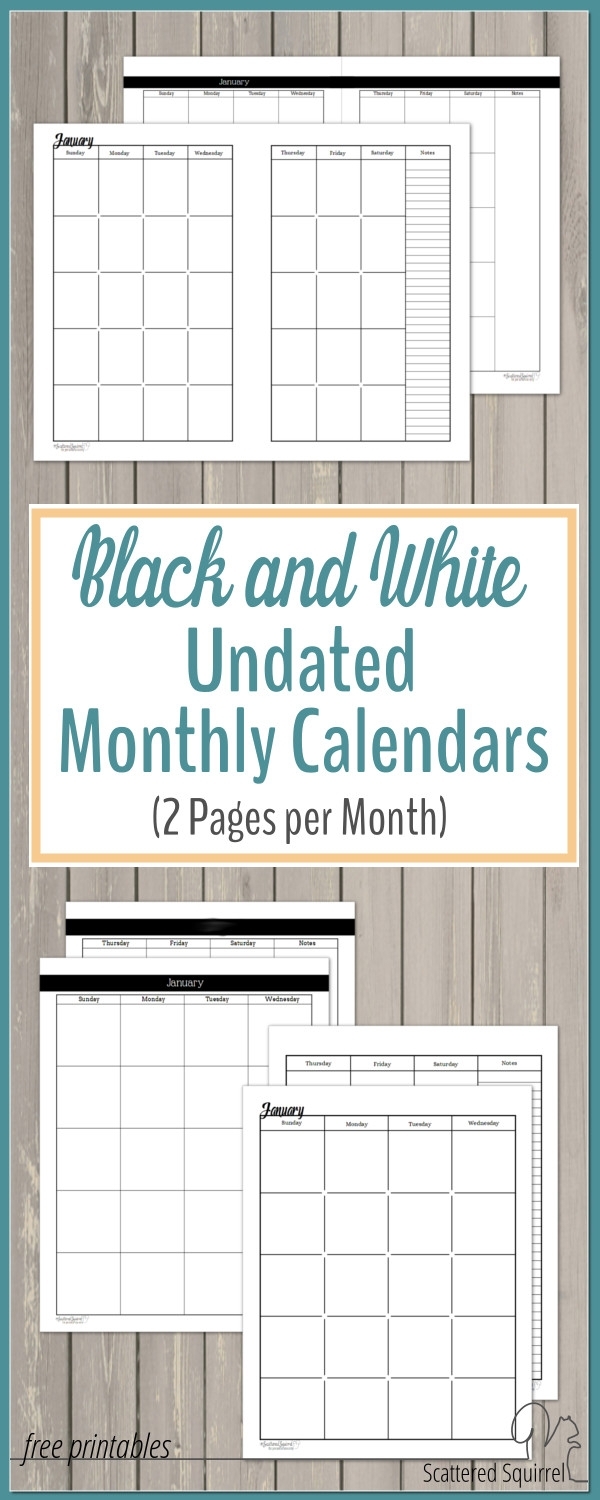 Undated Black And White Calendars Featuring Two Pages Per