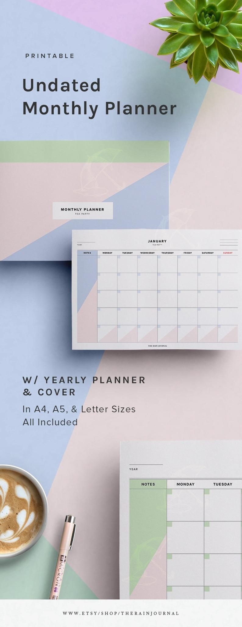 Undated Calendar, Undated Monthly Planner, Printable