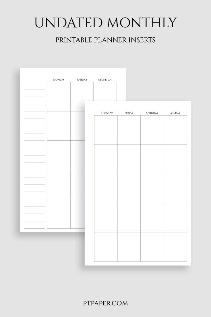 Undated Monthly Calendar, Monday Start | Printable Planner