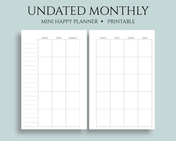 Undated Monthly Calendar Printable Planner Inserts Monday