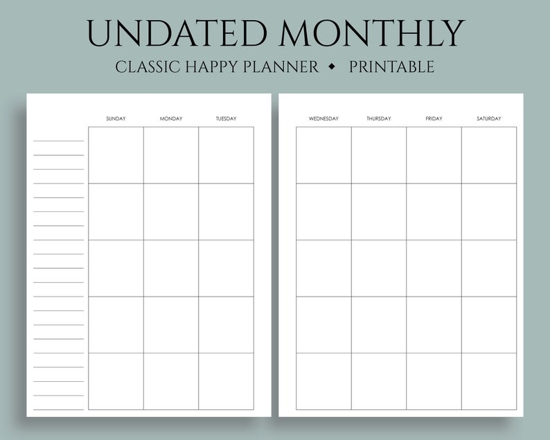 Undated Monthly Calendar Printable Planner Inserts Sunday