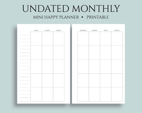 Undated Monthly Calendar Printable Planner Inserts Sunday