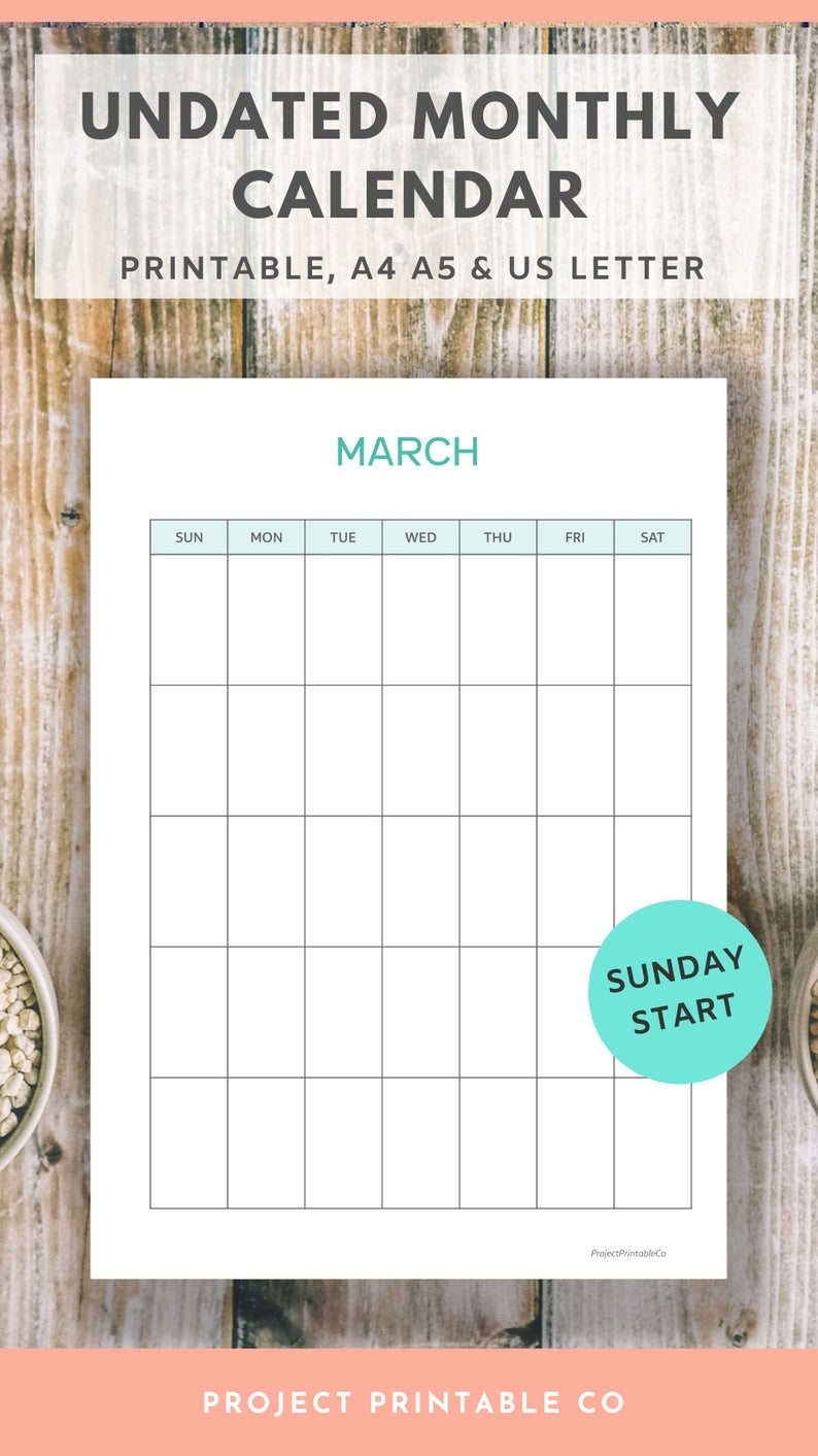 Undated Monthly Calendar Printable Sunday Start Vertical