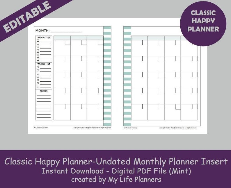 Undated Monthly Planner Insert Printable Insert Calendar