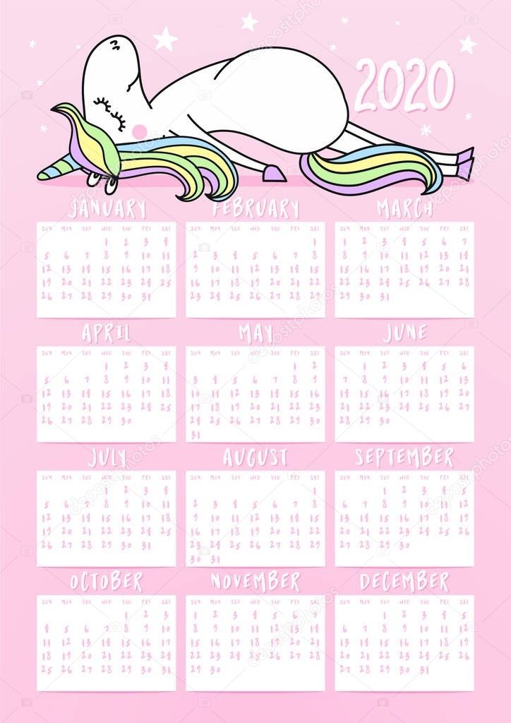 Unicorn Calendar 2020 Year Cute Girly Design Printable