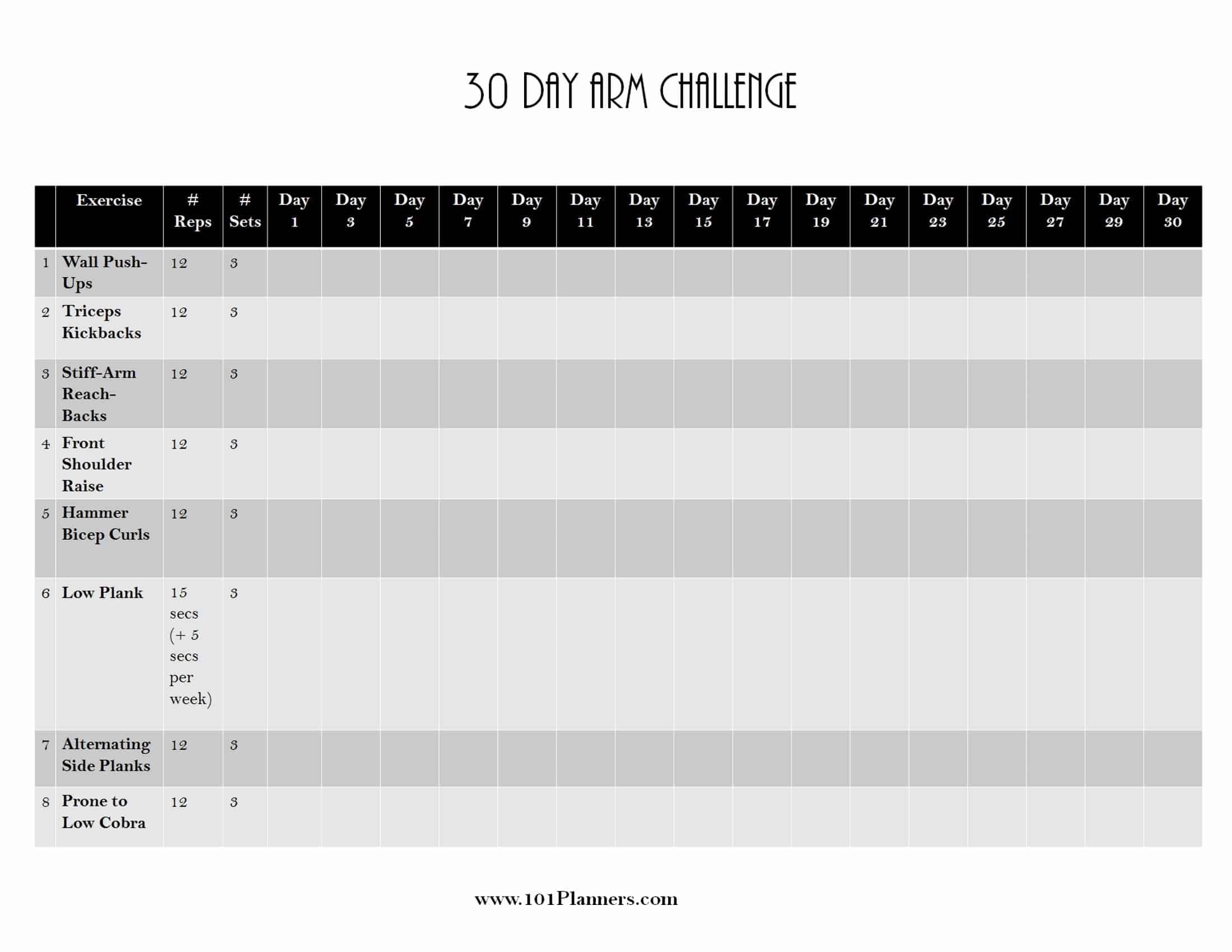 Universal 30 Day Free Fillable Blank Template Workout