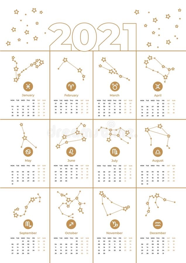 Vector Calendar 2021 A3 Template. Zodiac Signs