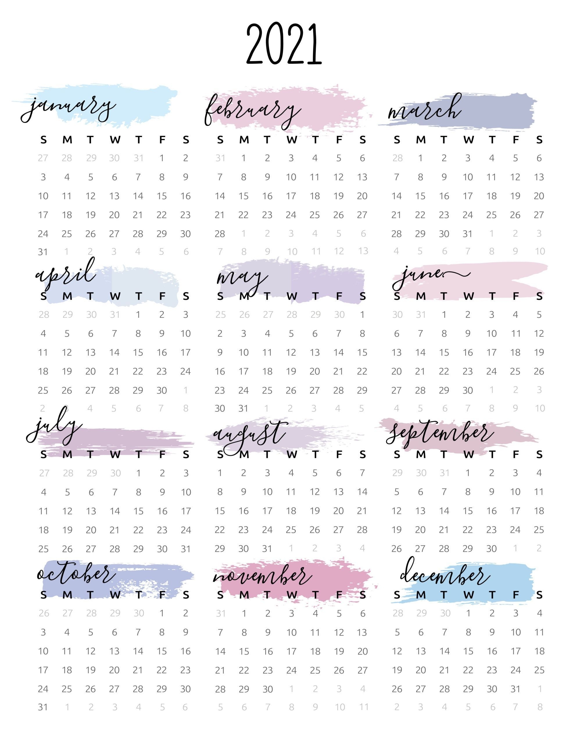 Watercolor One Page 2021 Calendar | Desain Kalender