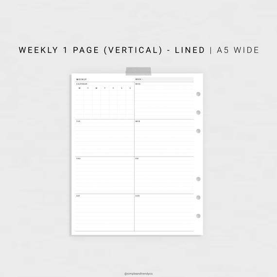 Week On One Page Printable A5 Wide Weekly 1 Page Vertical