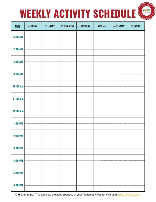 Weekly Activity Schedule Template - Monday To Sunday - Hi