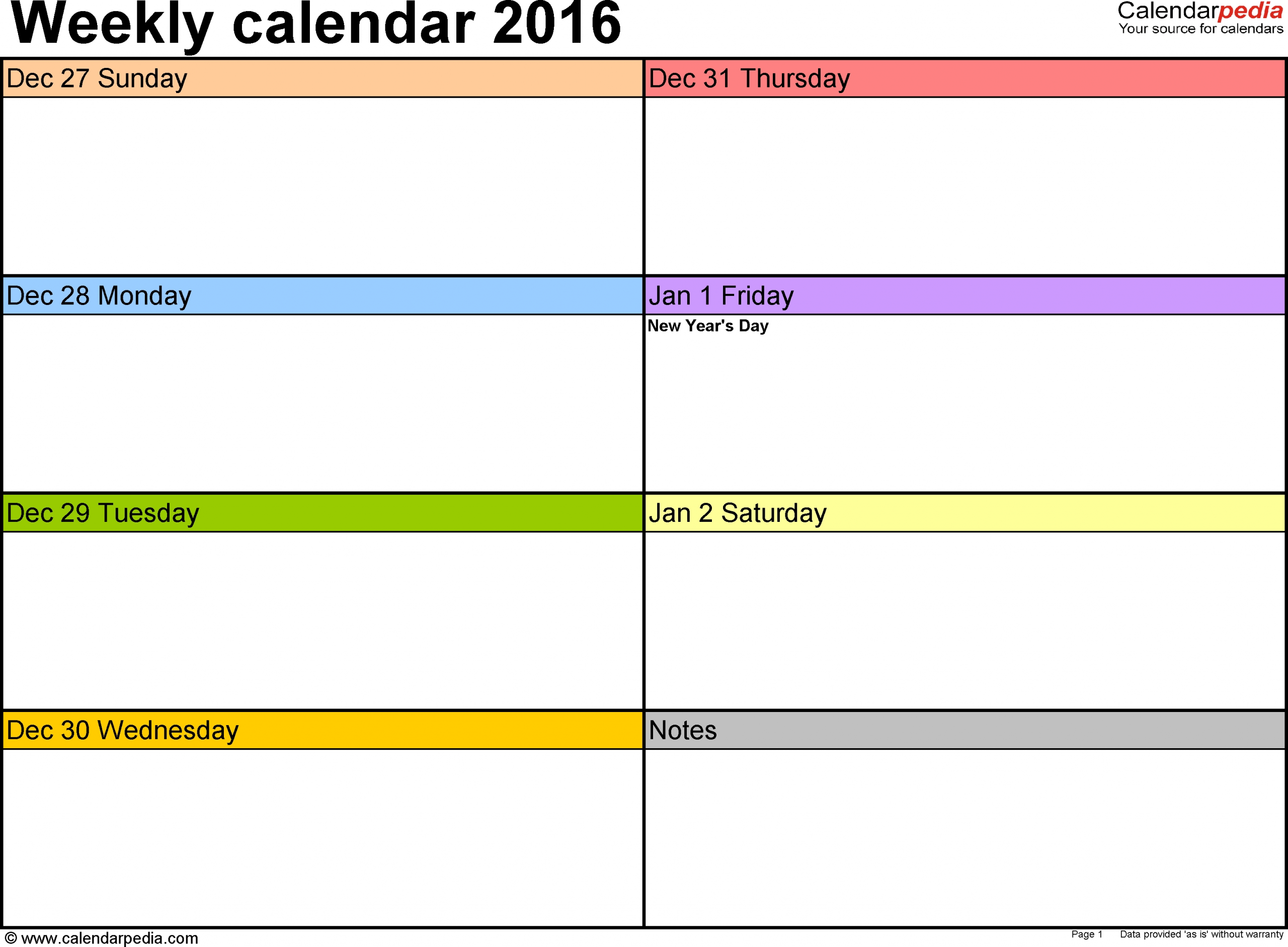 Weekly Calendar 2016: Template For Pdf Version 6