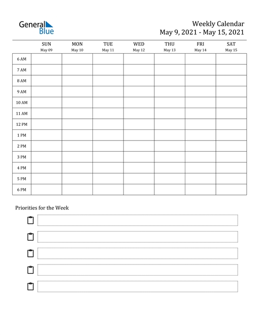 Weekly Calendar - May 9, 2021 To May 15, 2021 - (Pdf, Word