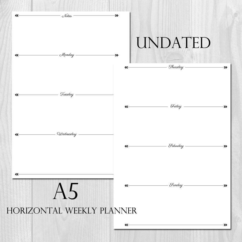 Weekly Planner Printable Horizontal Layout A5 Size Undated