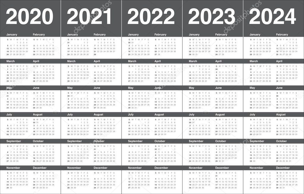 Year 2020 2021 2022 2023 2024 Calendar Vector Design