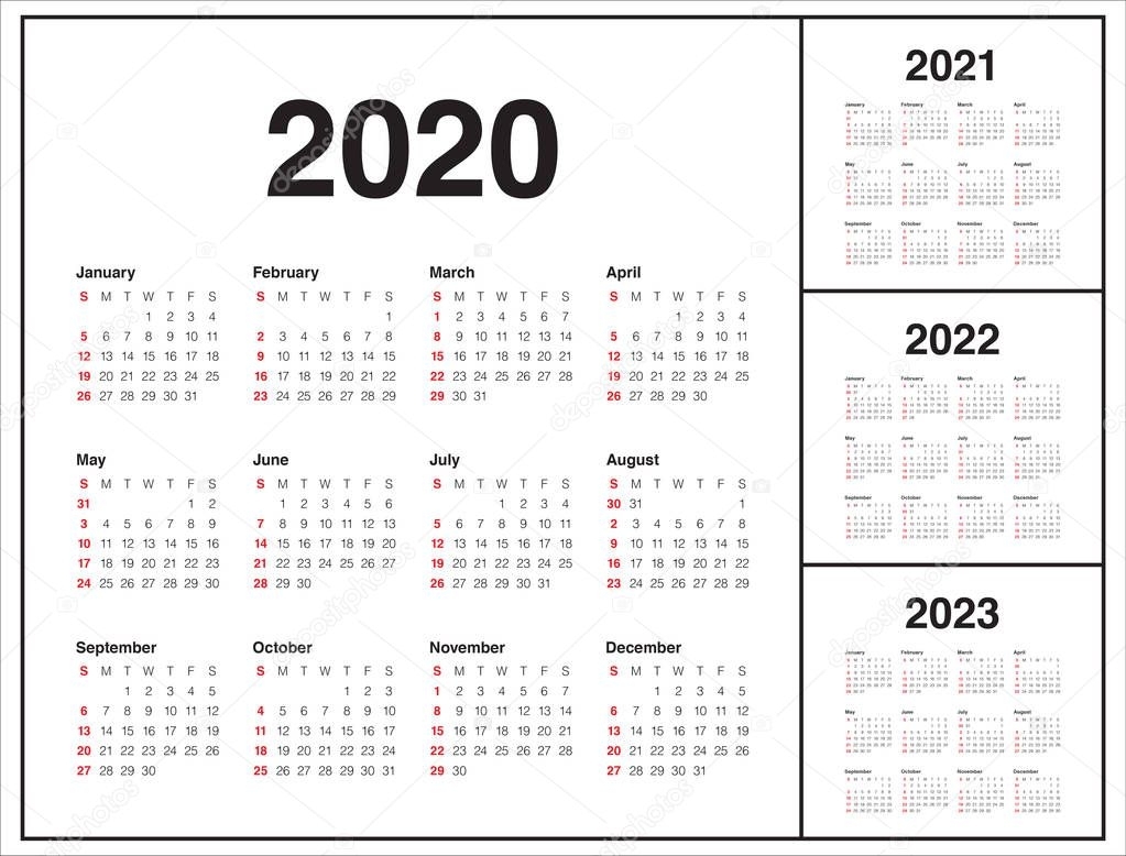 Year 2020 2021 2022 2023 Calendar Vector Design Template