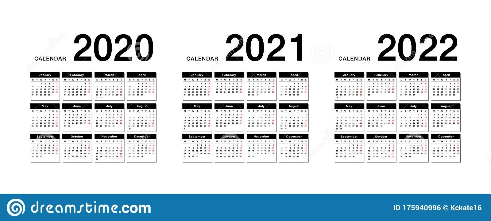 Year 2020 And Year 2021 And Year 2022 Calendar Vector