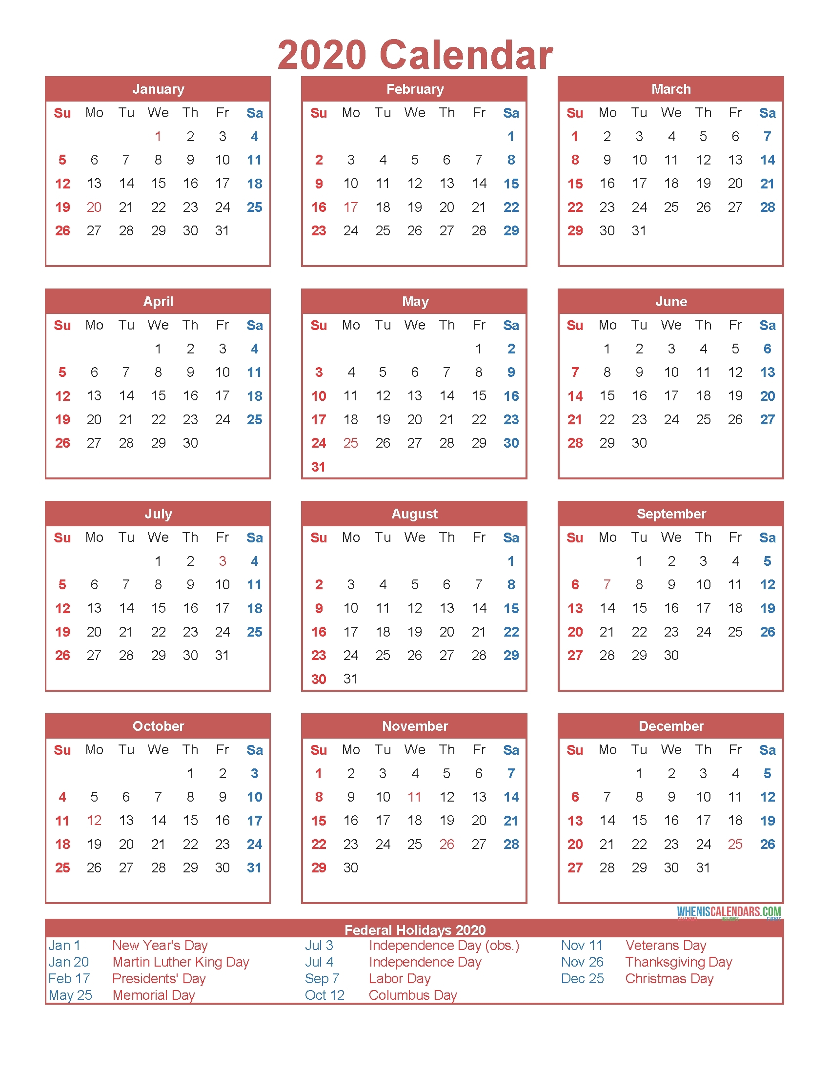 Year At A Glance Calendar 2020 With Holiday Free Printable