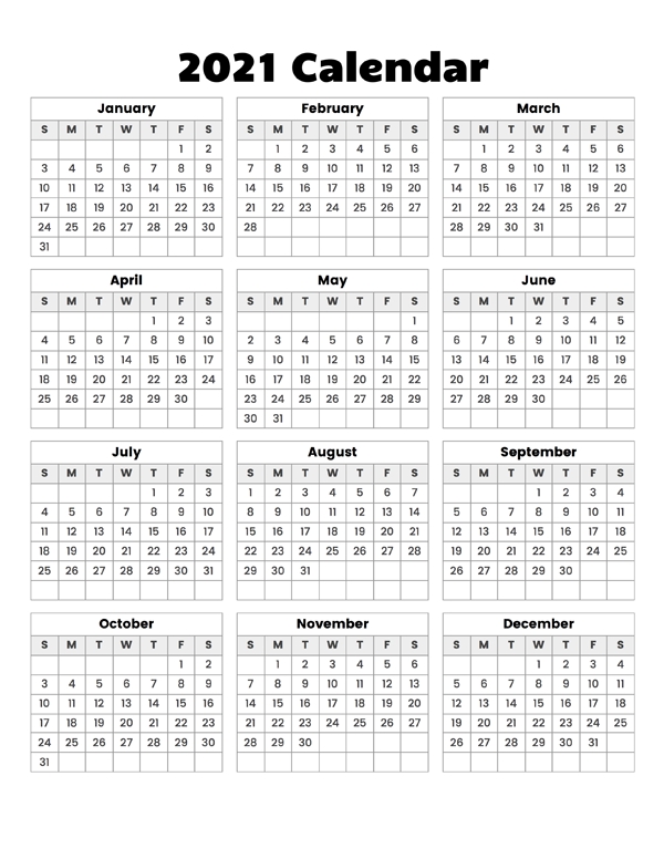 Year At A Glance Calendar 2021 - Calendar Options