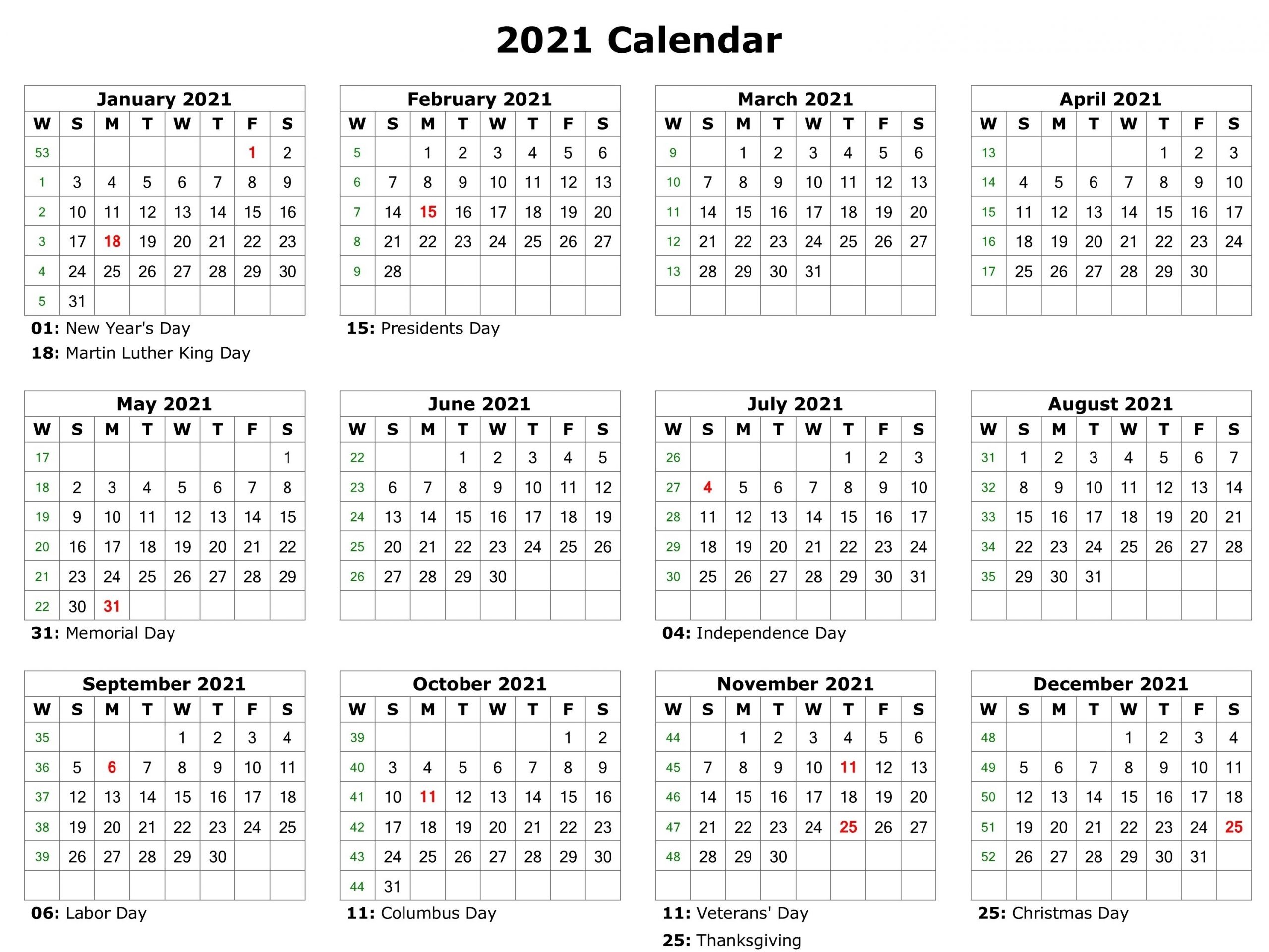 Yearly 2021 Calendar With Holidays | Calendar Template
