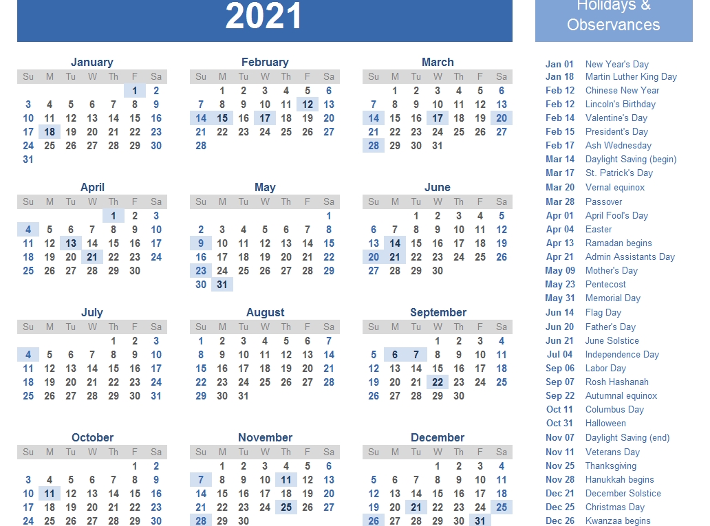 Yearly 2021 Printable Calendar Template - Pdf, Word, Excel