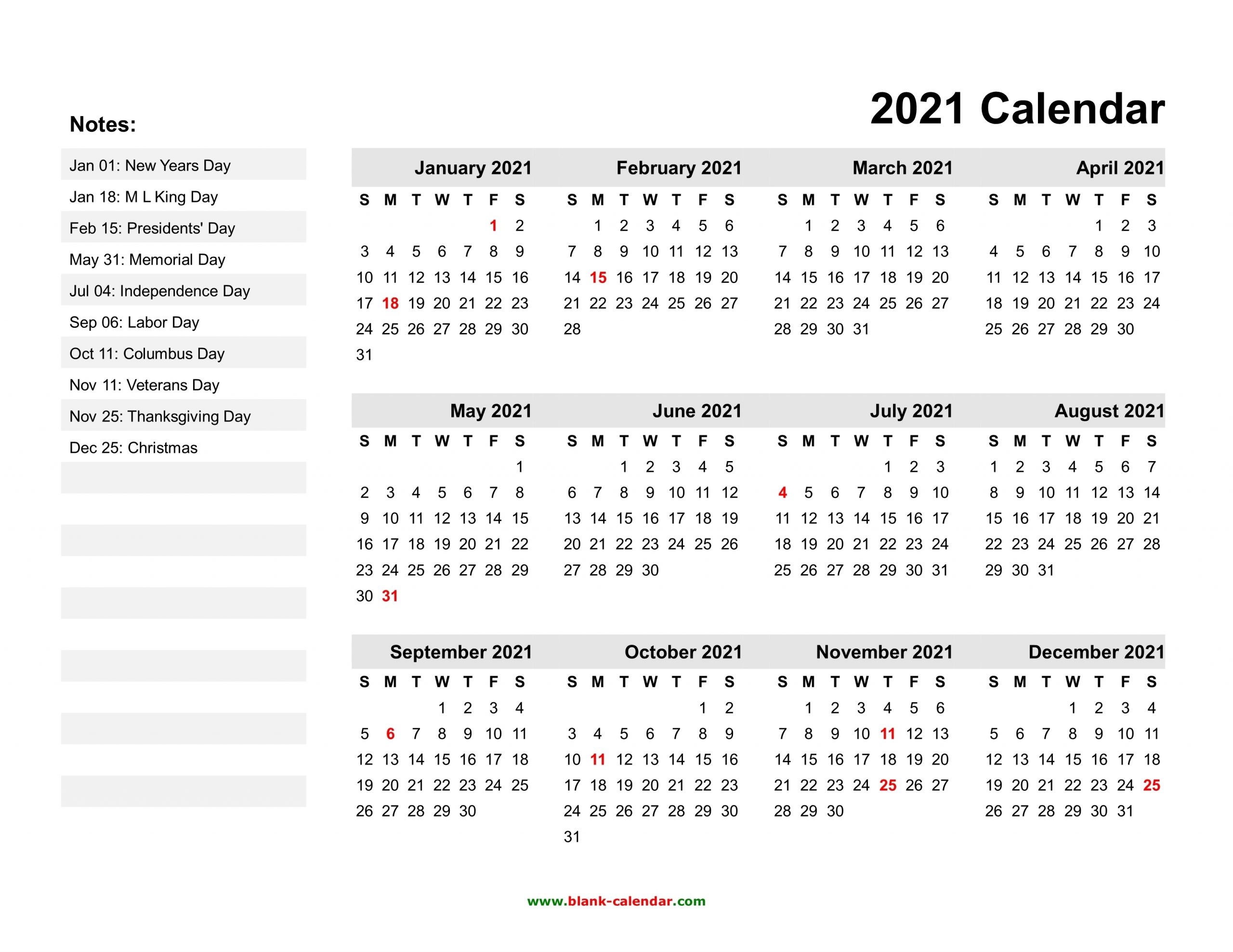 Yearly Calendar 2021 | Free Download And Print