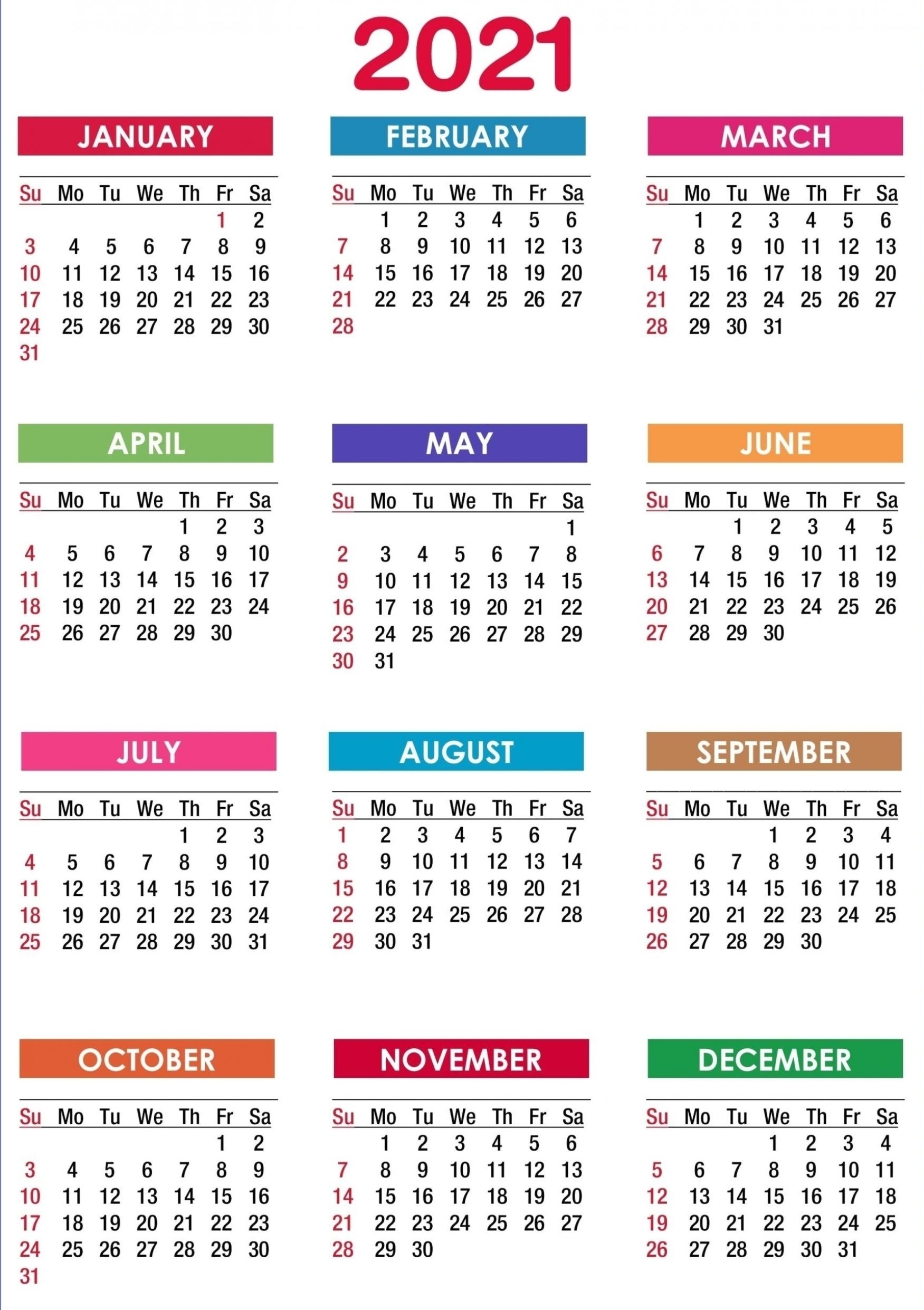 2021 12 Month Calendar Printable - Yearmon