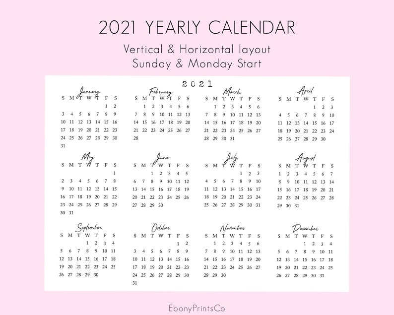 2021 Yearly Calendar 12 Month Overview Printable 2021 | Etsy