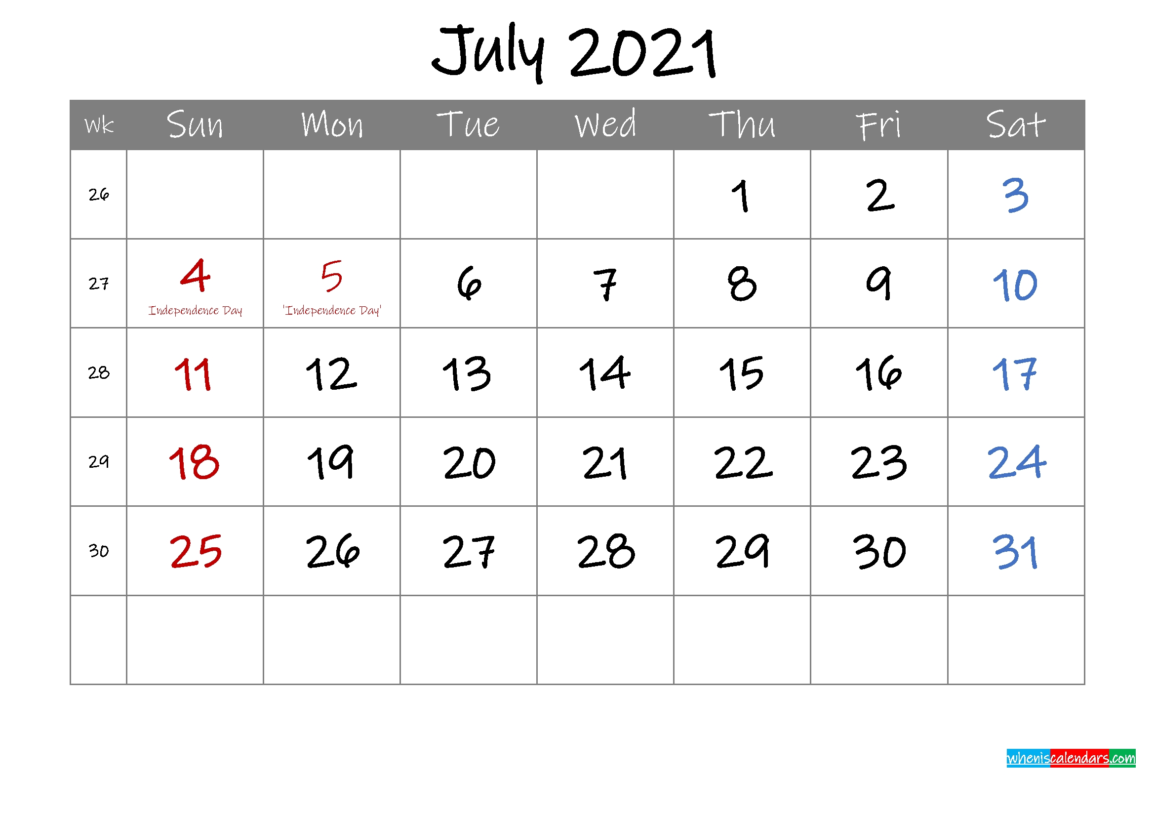 Editable July 2021 Calendar With Holidays - Template