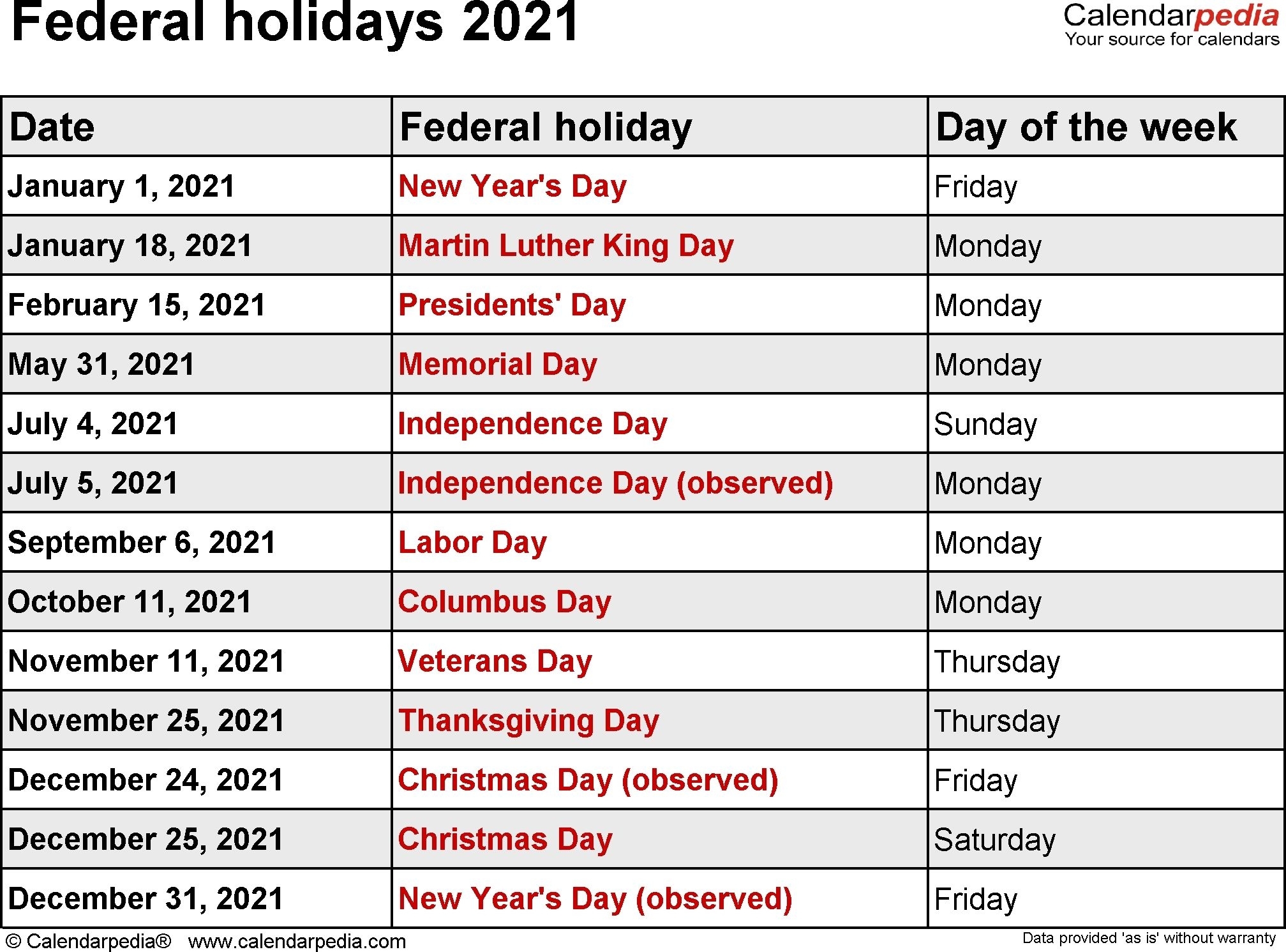 Federal Leave Calendar 2021 | Printable Calendars 2021