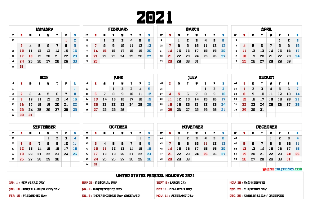 Free 2021 Calendar Printable With Holidays - 12 Templates