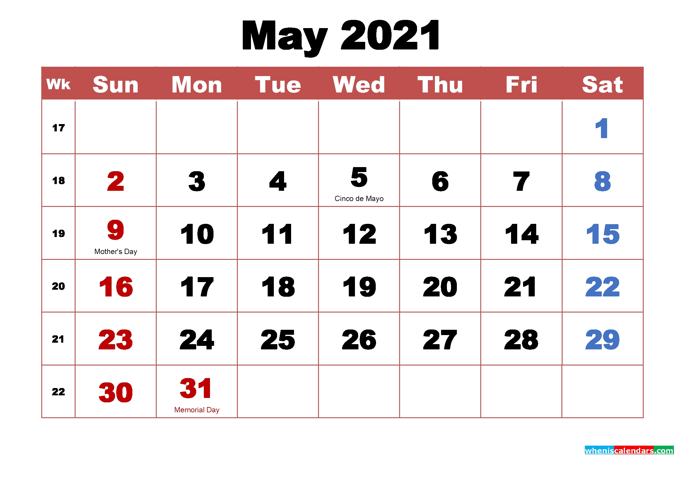 May 2021 Calendar With Holidays Printable - Free Printable