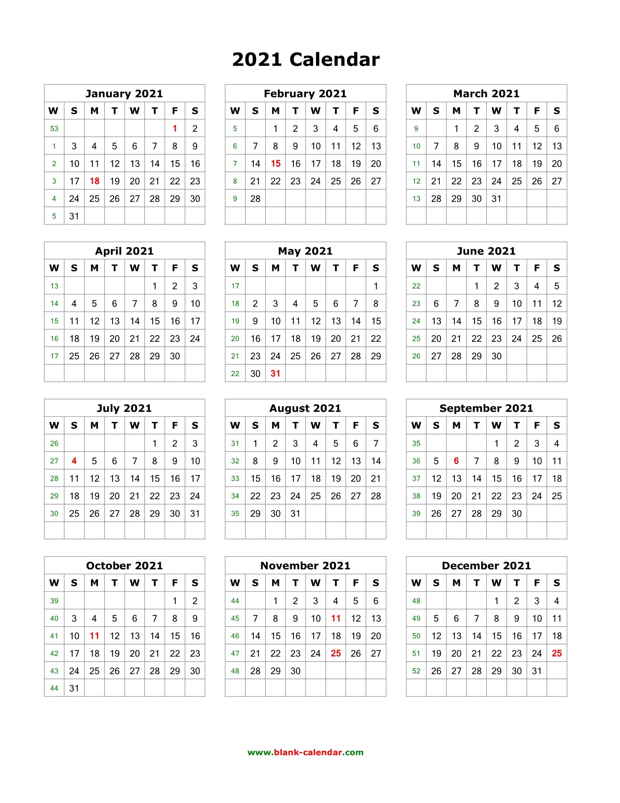 Printable 12 Month Calendar 2021