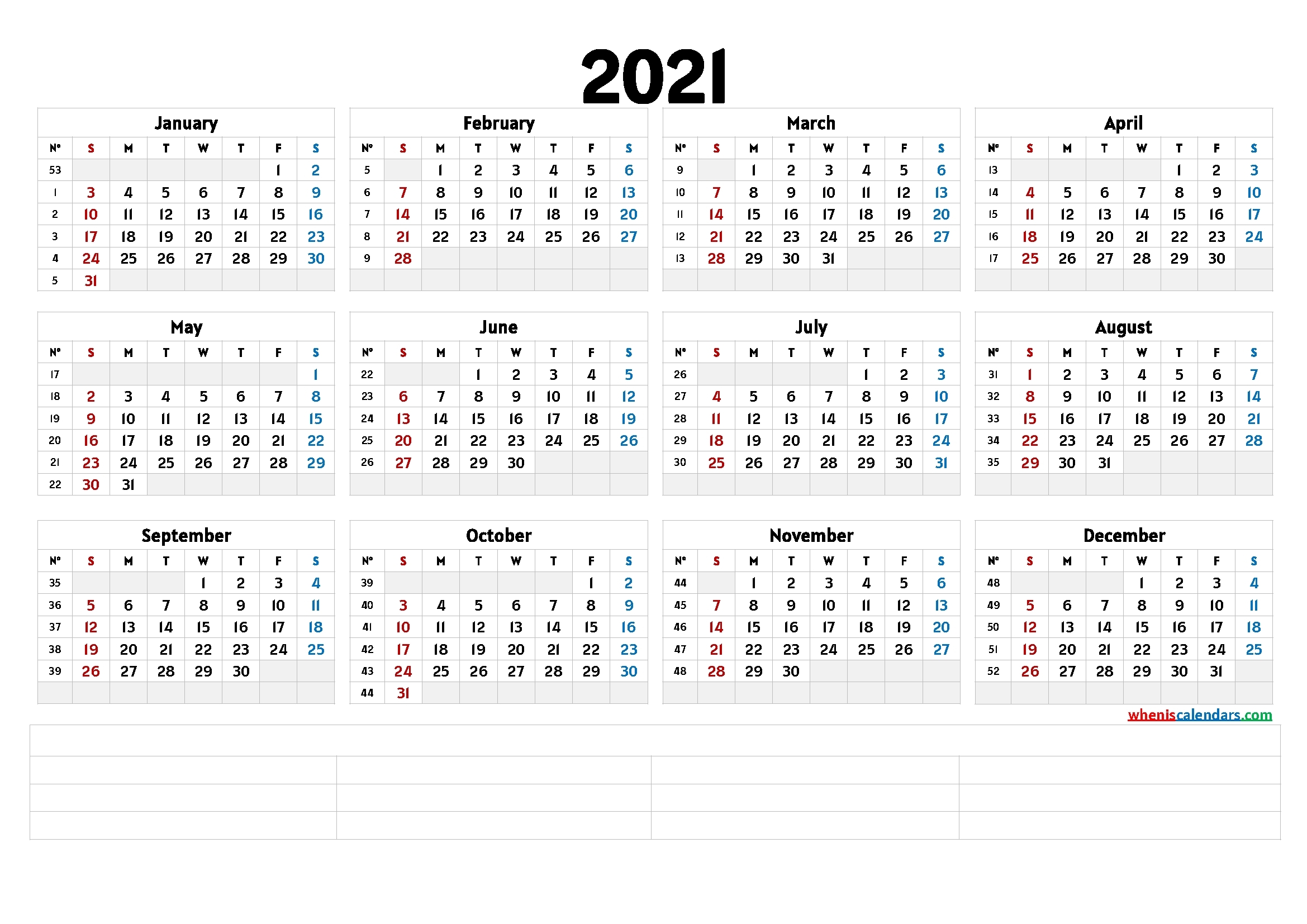 Printable 2021 Yearly Calendar (6 Templates)