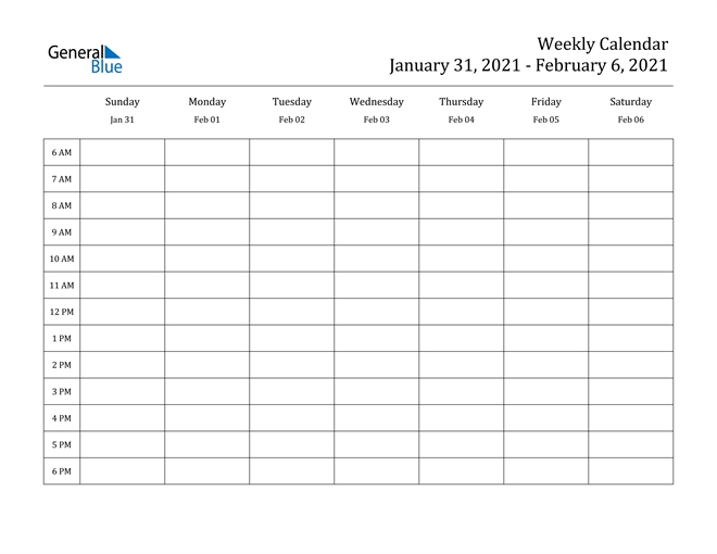 Weekly Calendar - January 31, 2021 To February 6, 2021