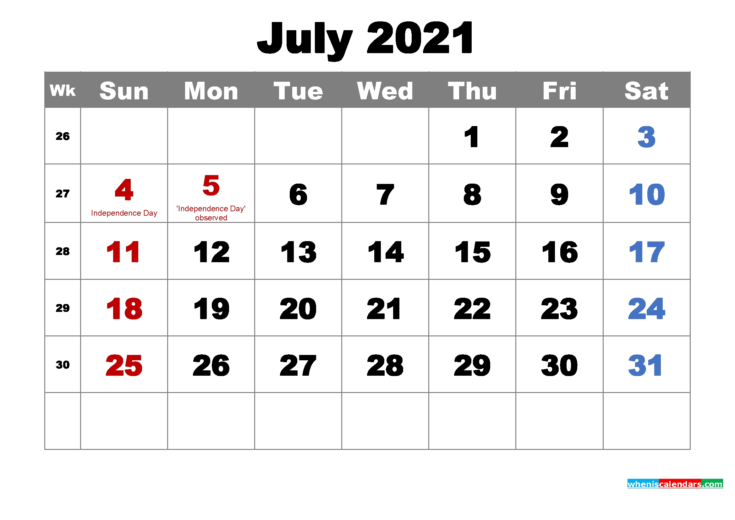 12 Month July 2021 Calendar With Holidays | 2022 Calendar