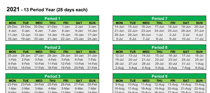 13 4-Week Period Calendar 2021 | Restaurant Period Calendar