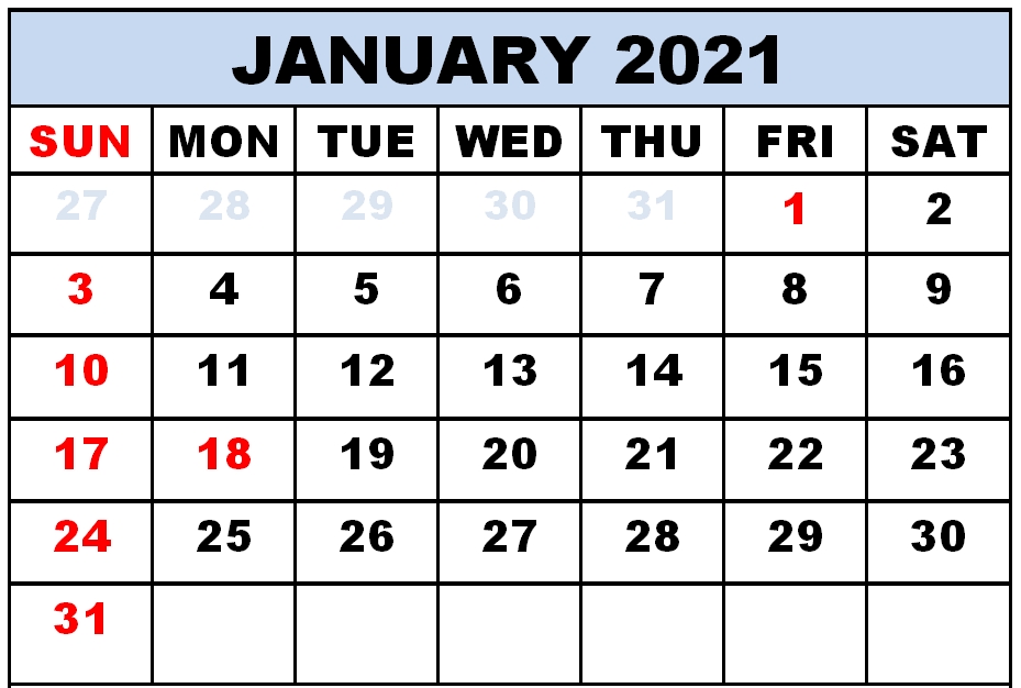 15+ Free Blank January 2021 Fillable Calendar Template To